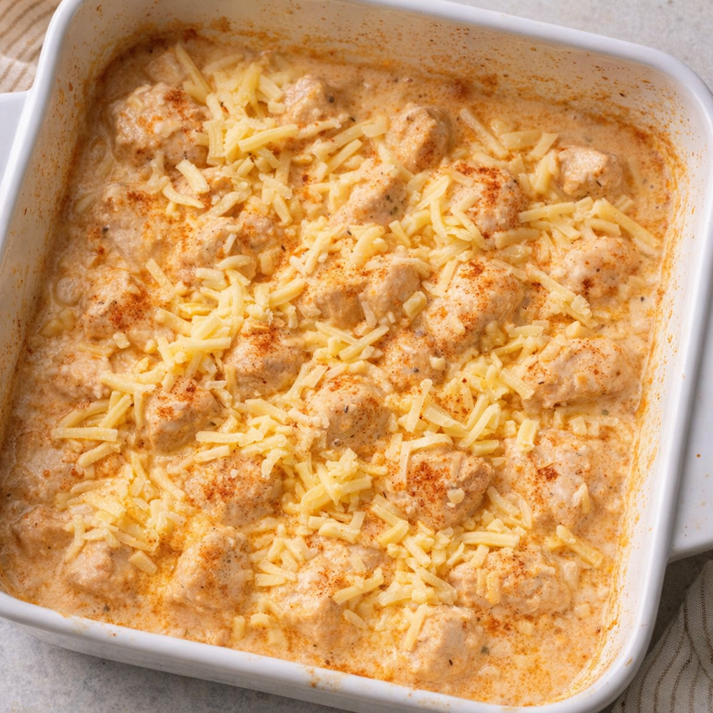 Shredded cheese scattered over the creamy chicken before final baking