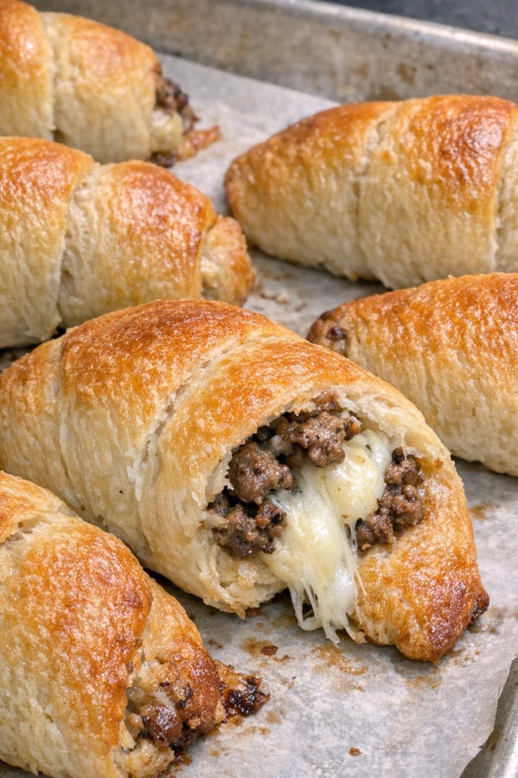 Golden brown crescent dough logs filled with mozzarella and beef on a baking sheet
