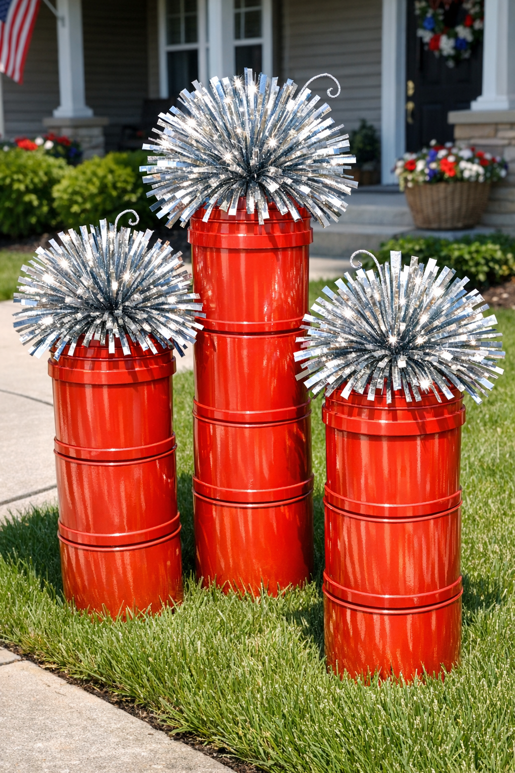 Finished giant red bucket firecrackers with silver pom-pom tops displayed in a front yard
