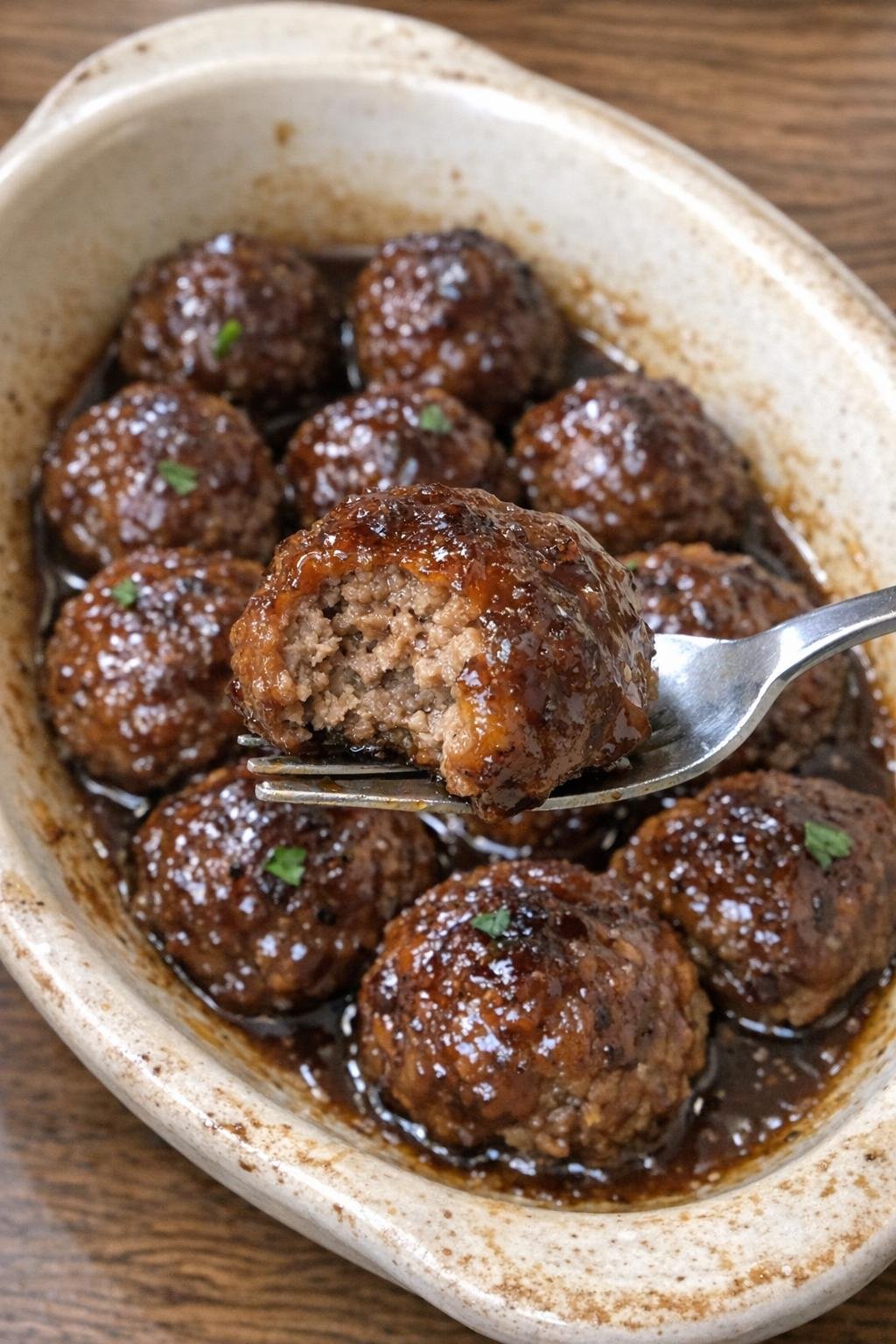 Glossy caramelized beef meatballs in an oval stoneware dish