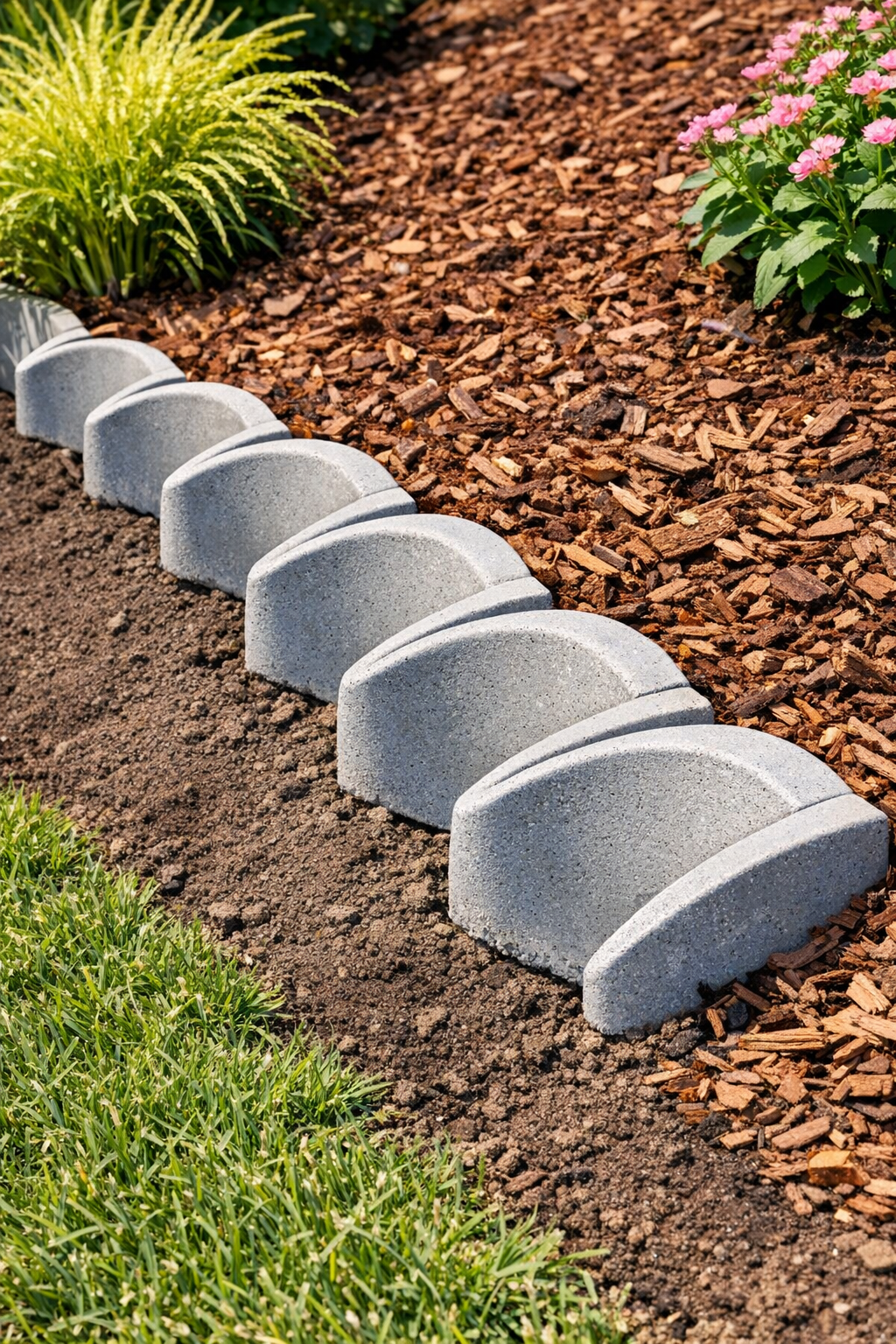 Finished heavy cement landscape edging installed on a sloped garden bed