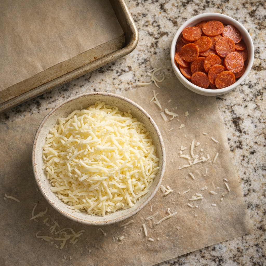 Simple ingredients for pizza chips laid out on the counter