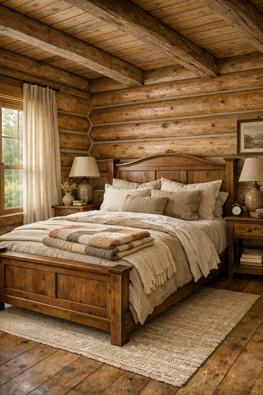 Peaceful log home bedroom with layered neutral bedding and wood furniture