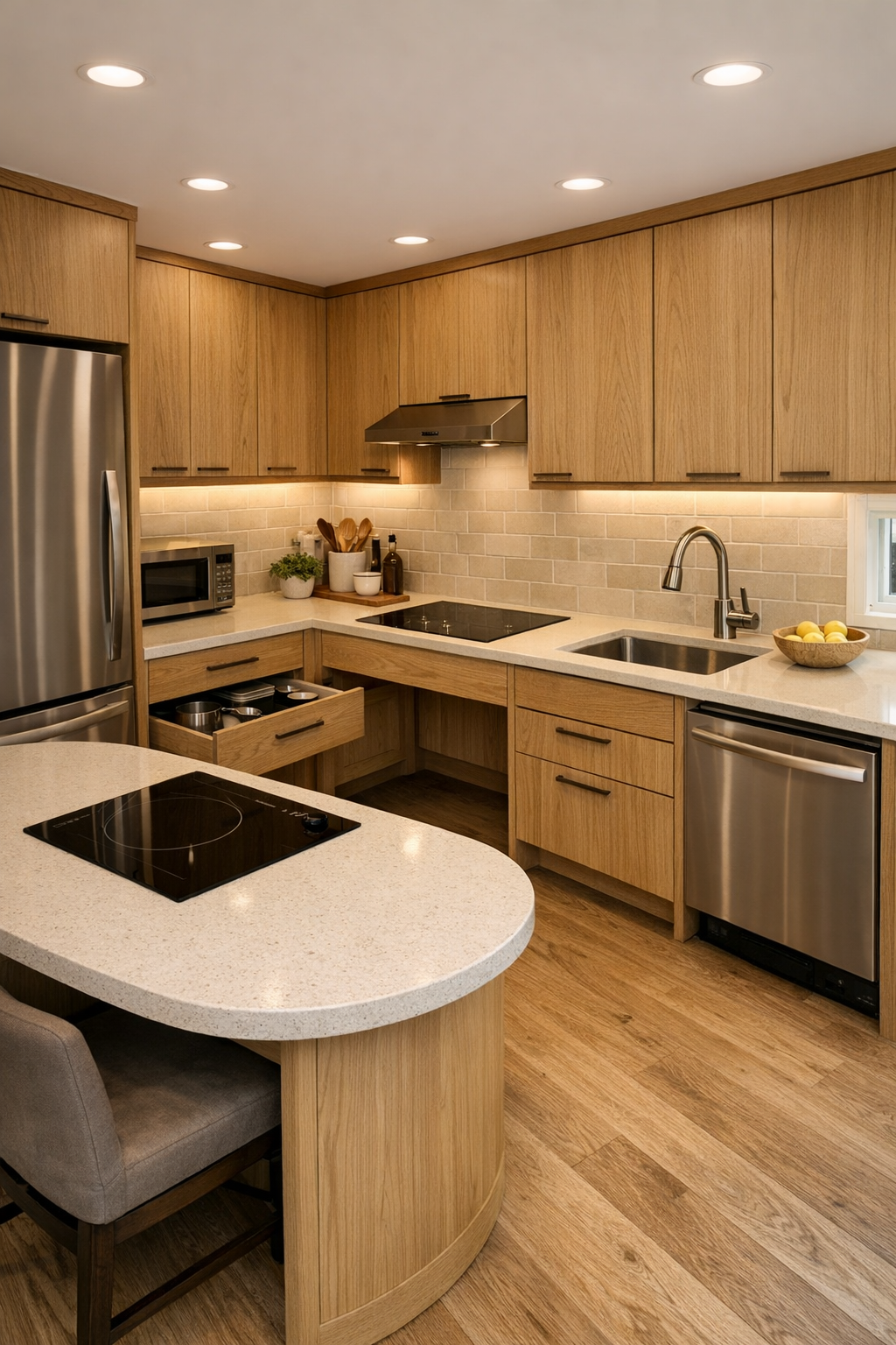 Warm accessible tiny home kitchen with oak cabinets and creamy quartz counters