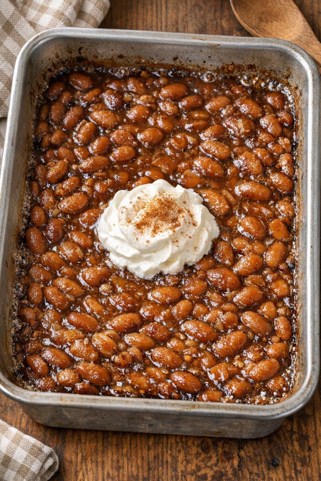 Baked pinto bean dessert in a rustic roasting pan