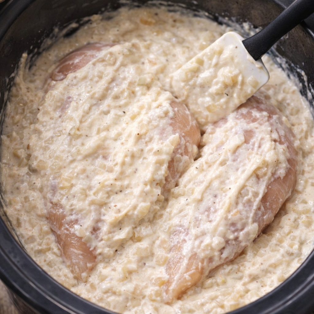 Chicken coated in creamy sauce inside the slow cooker