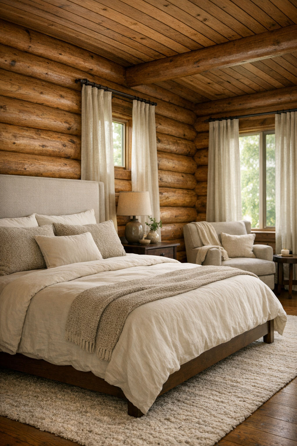 Bedroom with cedar log walls, layered neutral bedding, and soft natural light