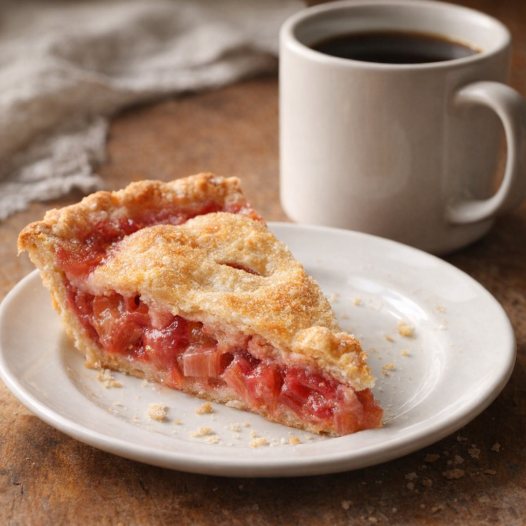 Slice of rhubarb pie served with coffee