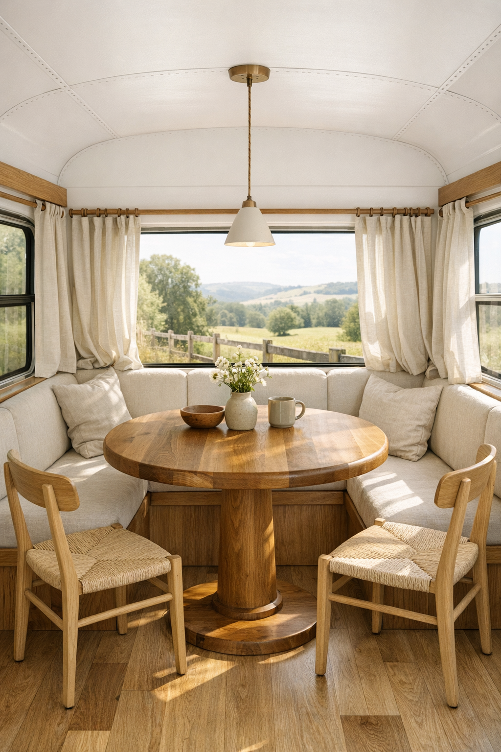 Built-in dining nook inside the bus with a wood table and bench seating