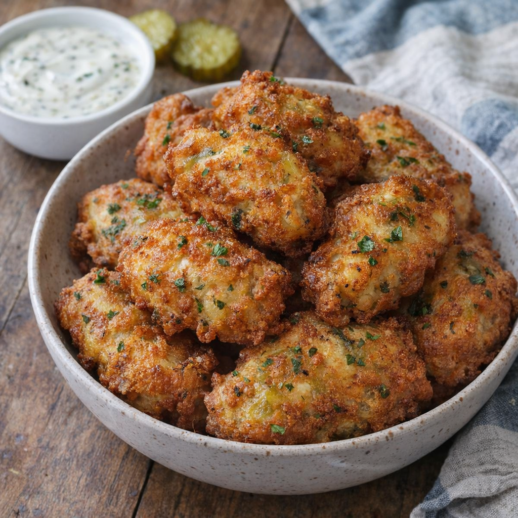 Bowl of golden dill pickle chicken fritters on a farmhouse table
