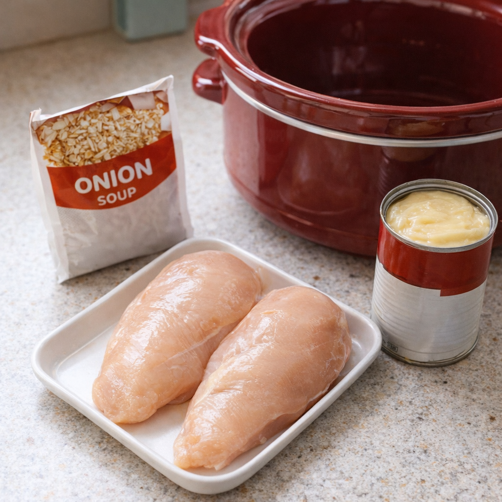 Three ingredients for onion soup chicken arranged on a counter