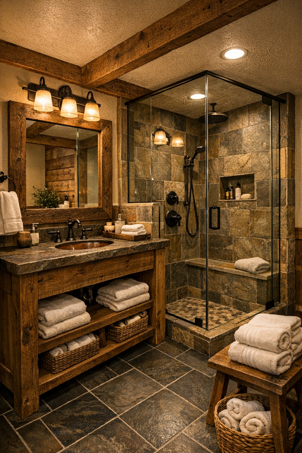 Bathroom with wood vanity, stone surfaces, and a glass walk-in shower