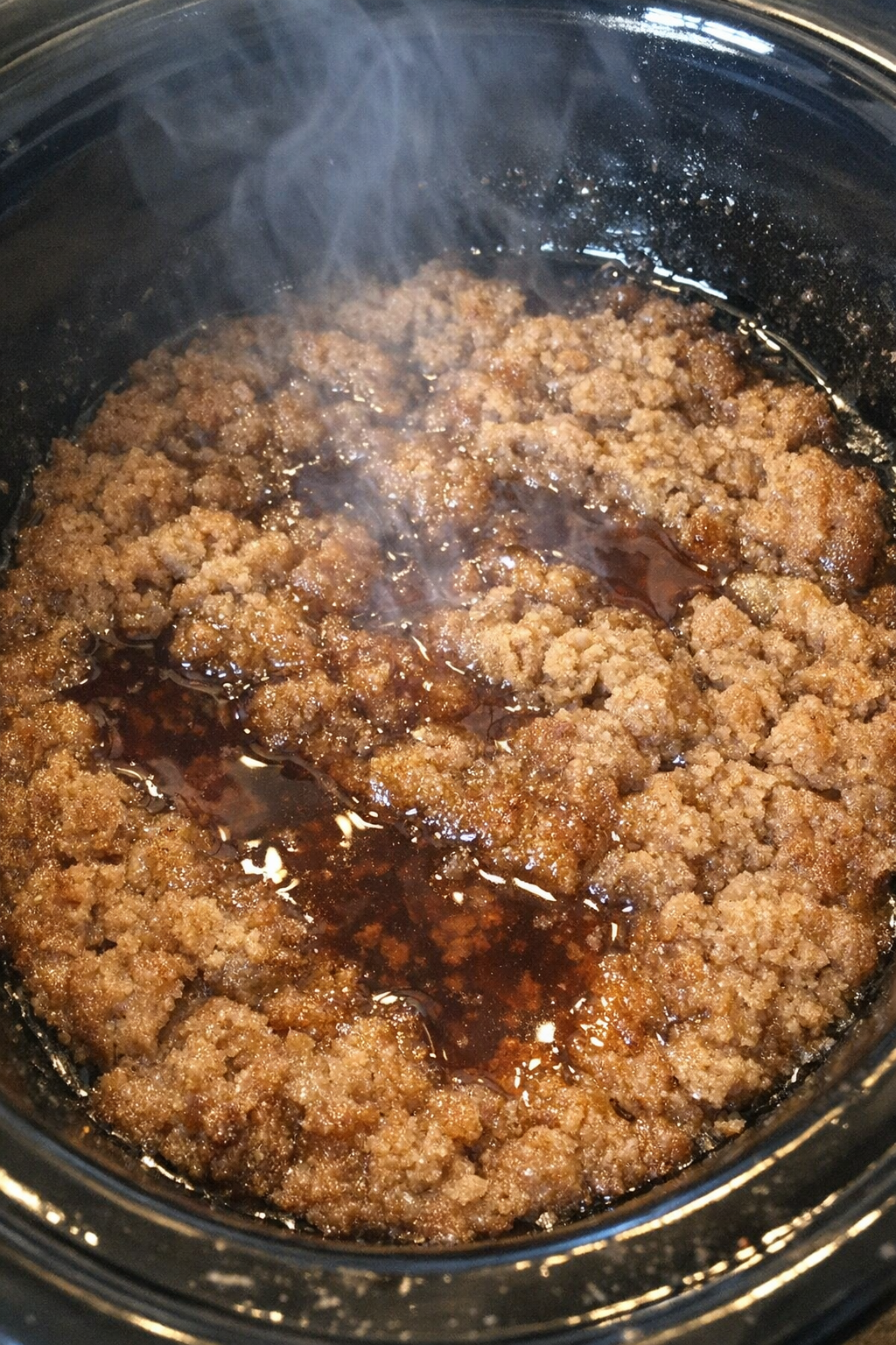 Slow cooker summer dessert with amber syrup over a craggy taupe surface