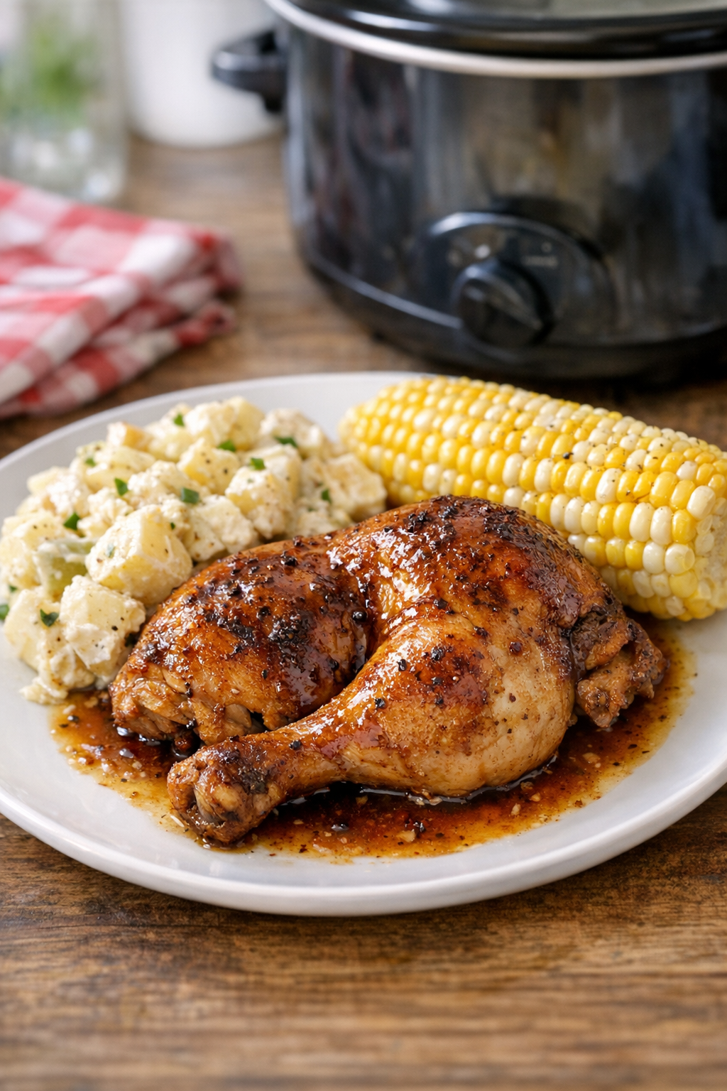Finished slow cooker chicken leg quarters plated with summer sides