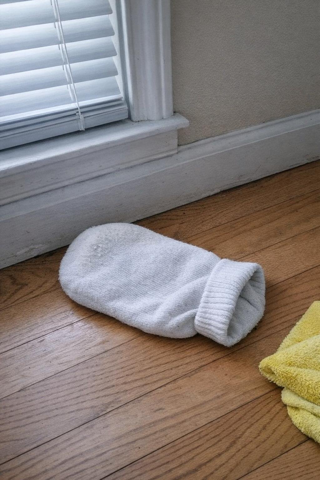 A sock used as a dusting mitt beside blinds and baseboards