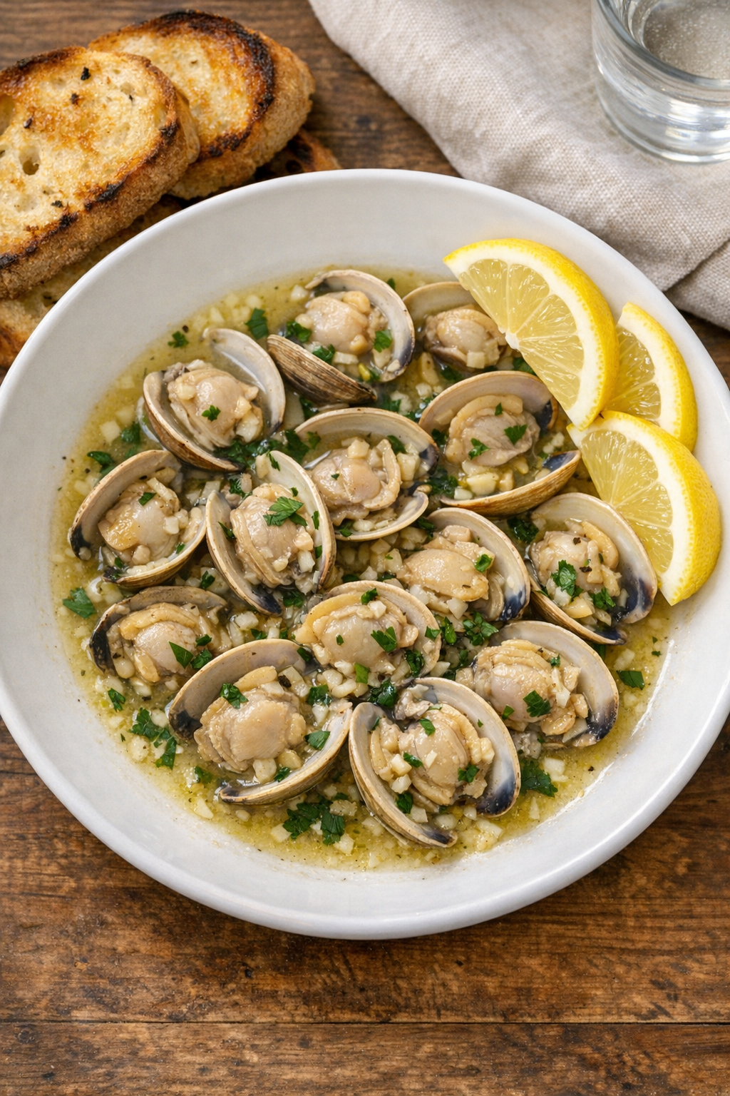 Finished slow cooker whole clams in buttery broth