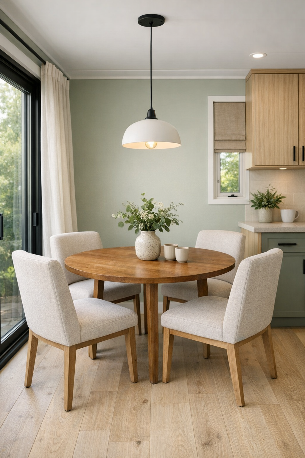 Compact dining area with wood table, upholstered chairs, and a sculptural pendant light