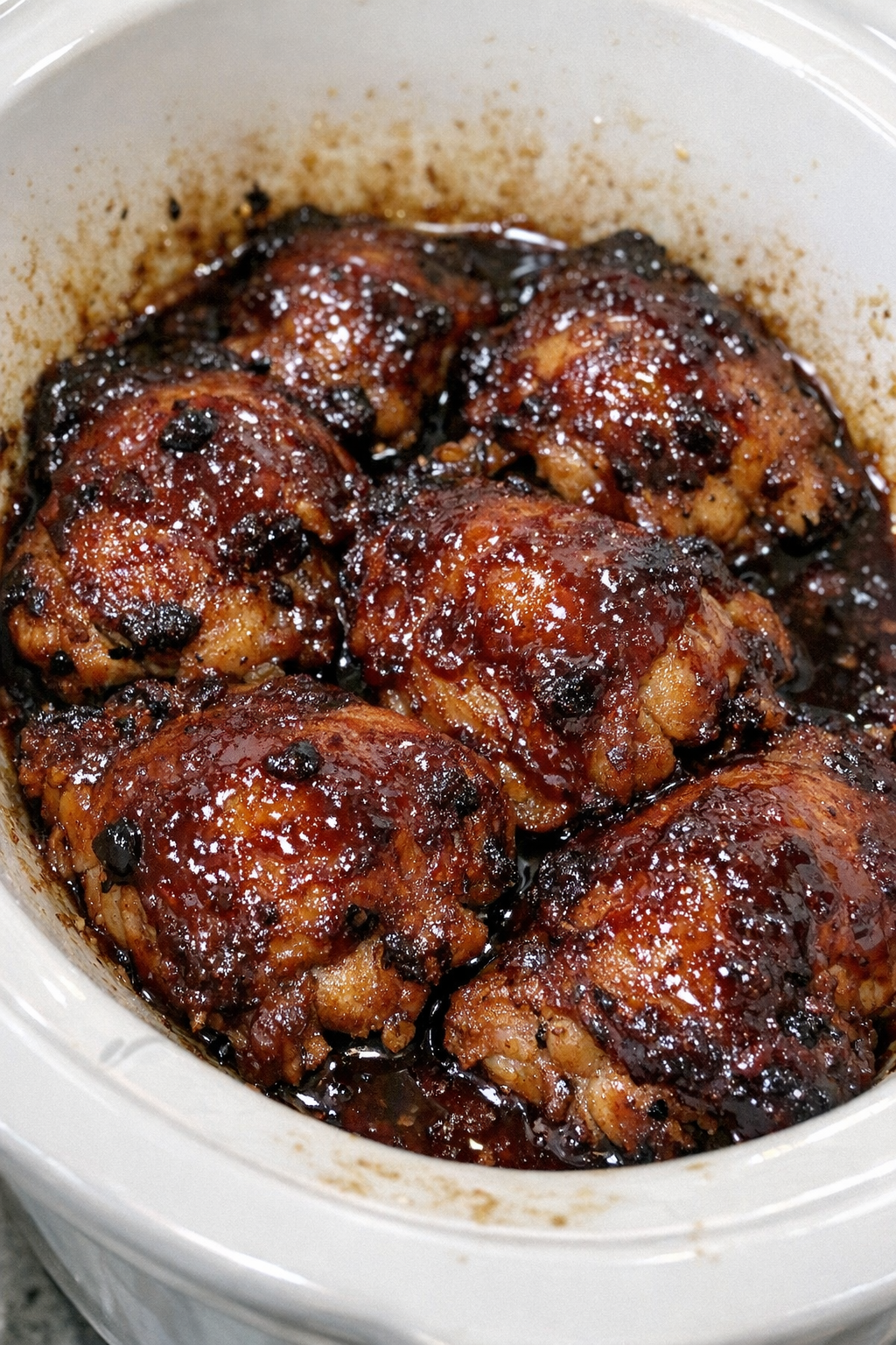 Slow cooker cherry jam chicken in a white slow cooker