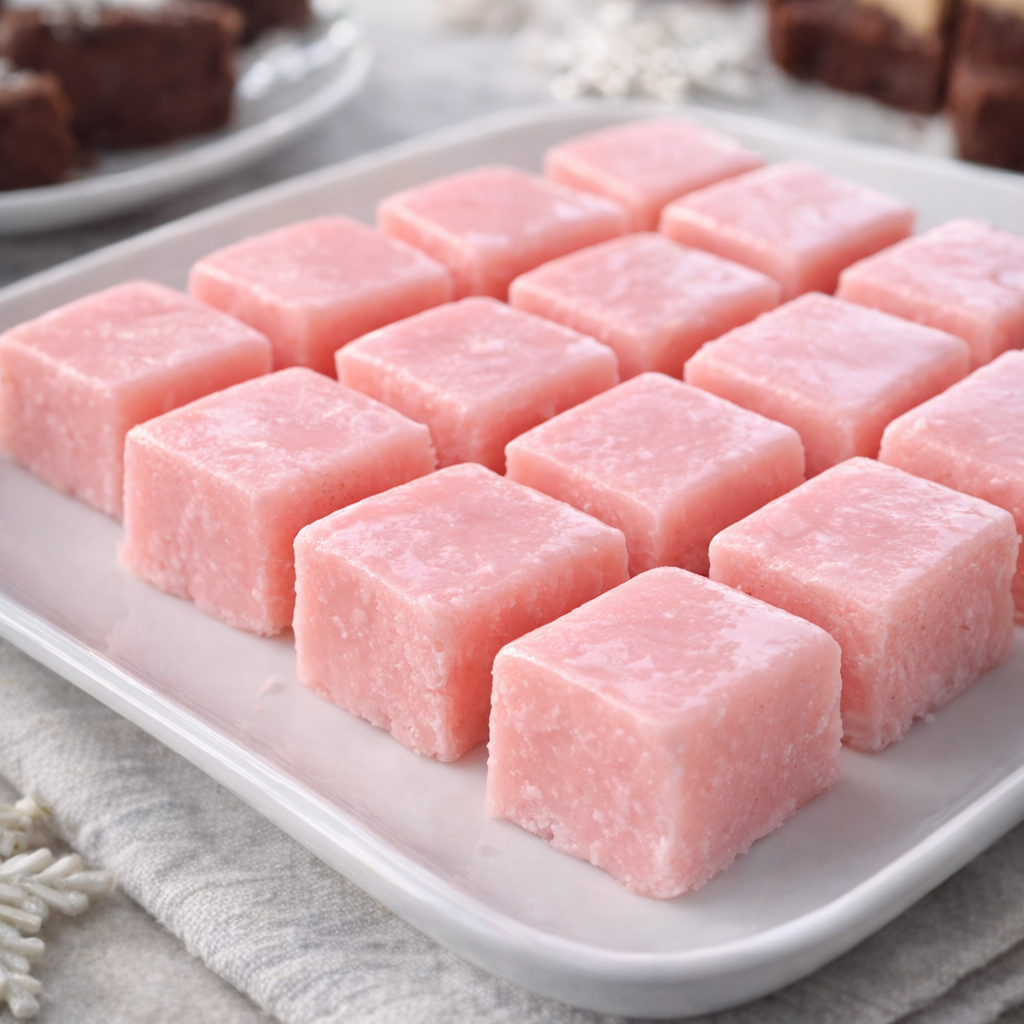 Pink strawberry fudge squares arranged on a white platter