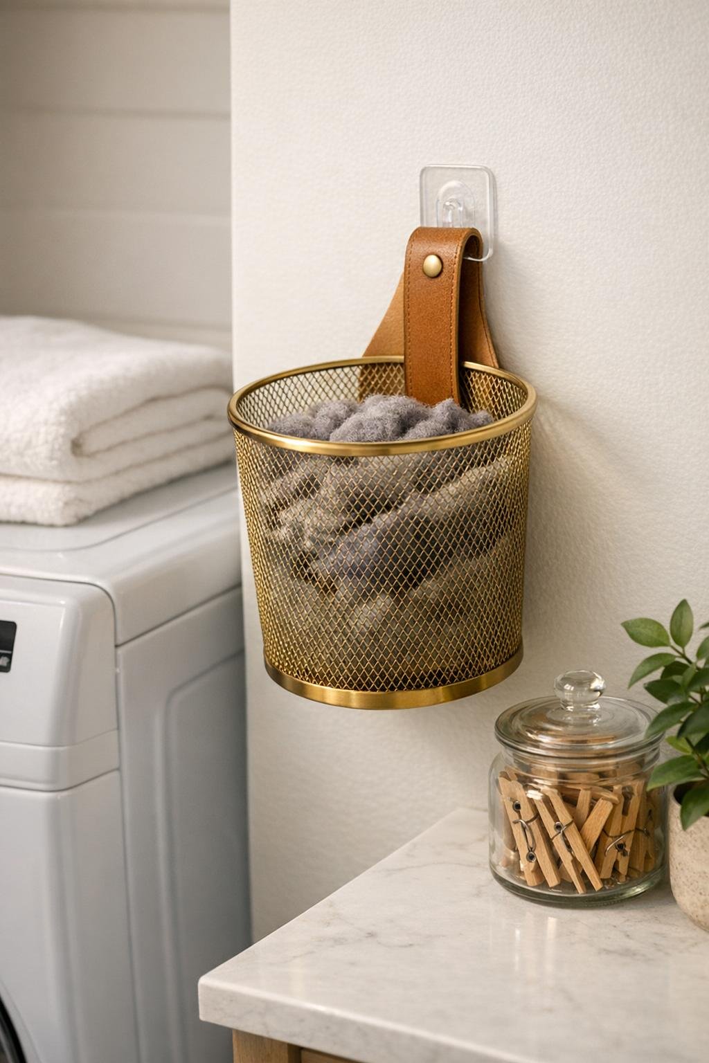 Finished wall-mounted laundry room lint bin made from a brass mesh wastebasket and tan leather belt loop