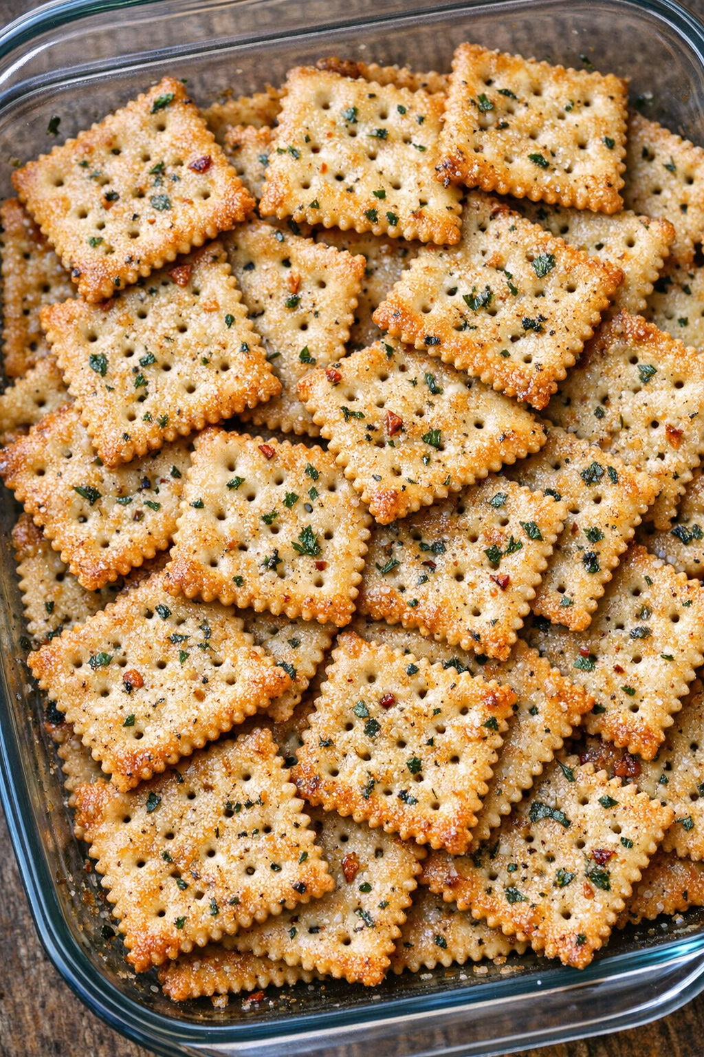 Southern 4-ingredient spicy ranch crackers in a glass casserole dish