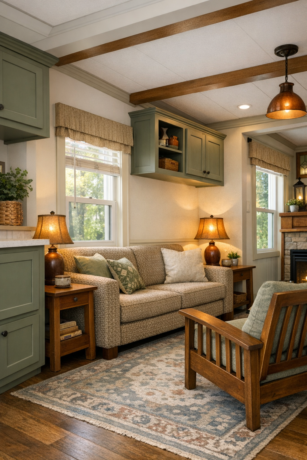 Warm Craftsman-style living room with sage accents, built-in storage, and copper lighting