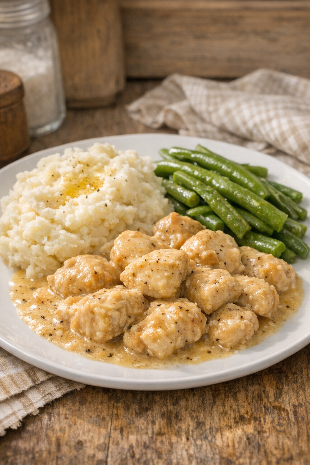 Finished slow cooker chicken medallions plated with sauce
