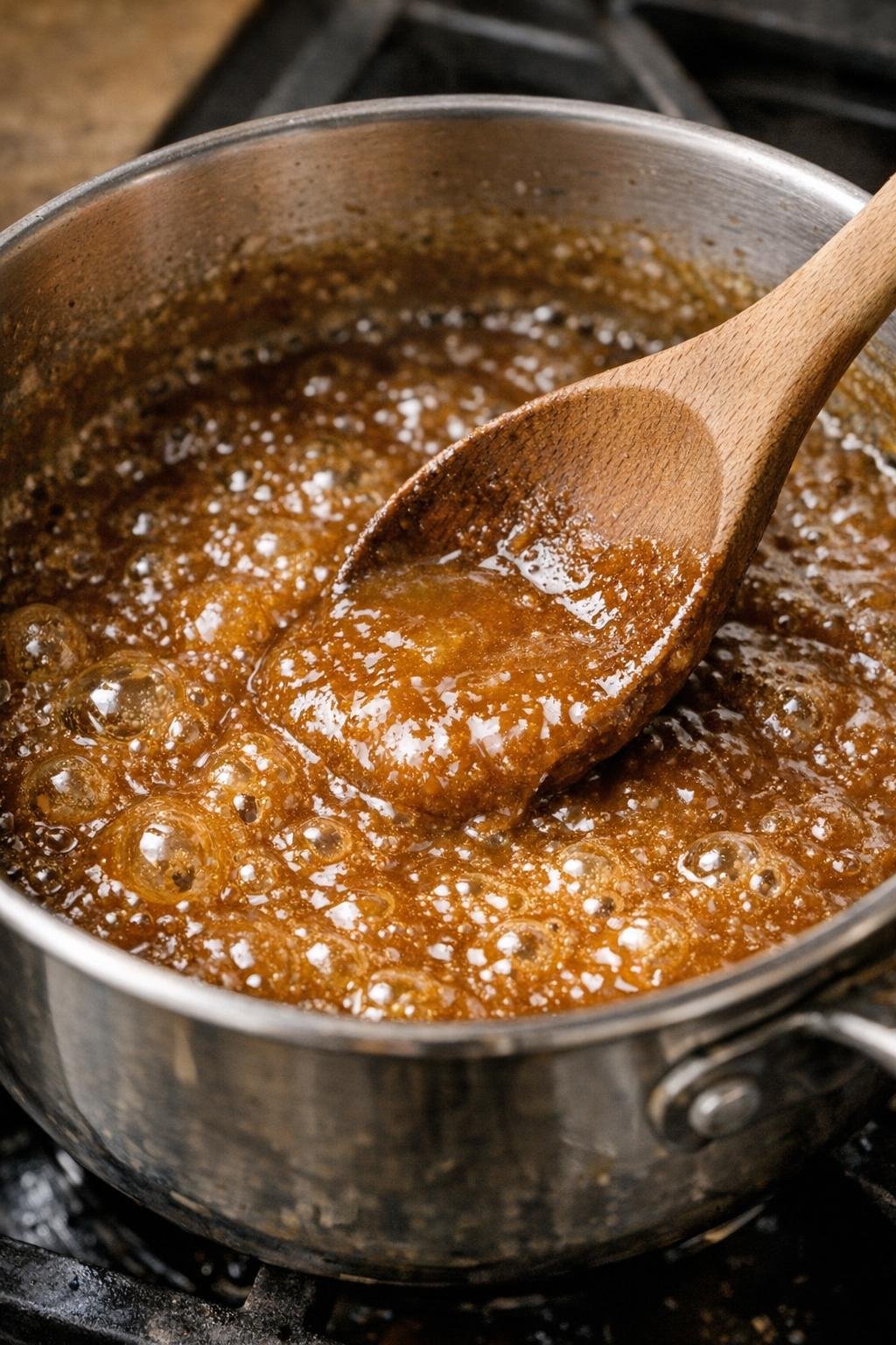 Butter and brown sugar bubbling in a saucepan