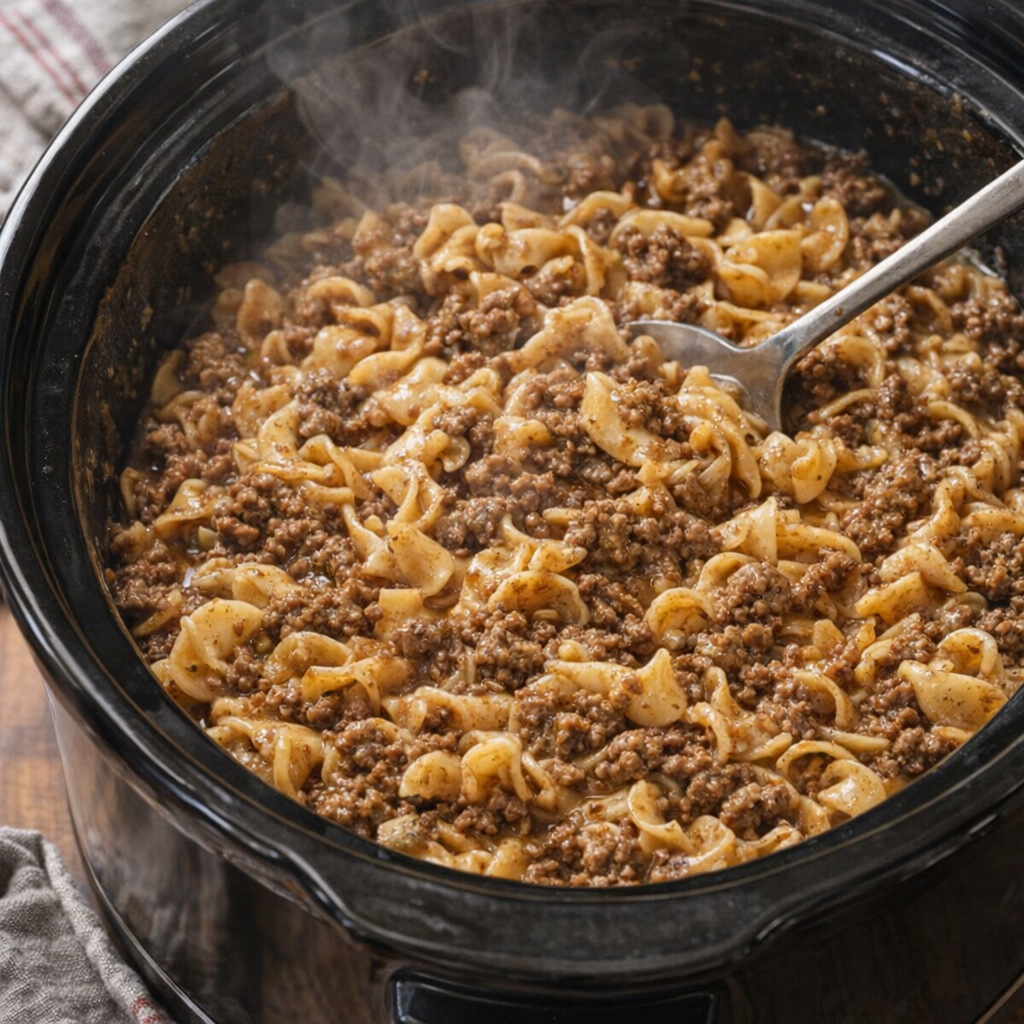 Slow cooker filled with creamy beef noodles