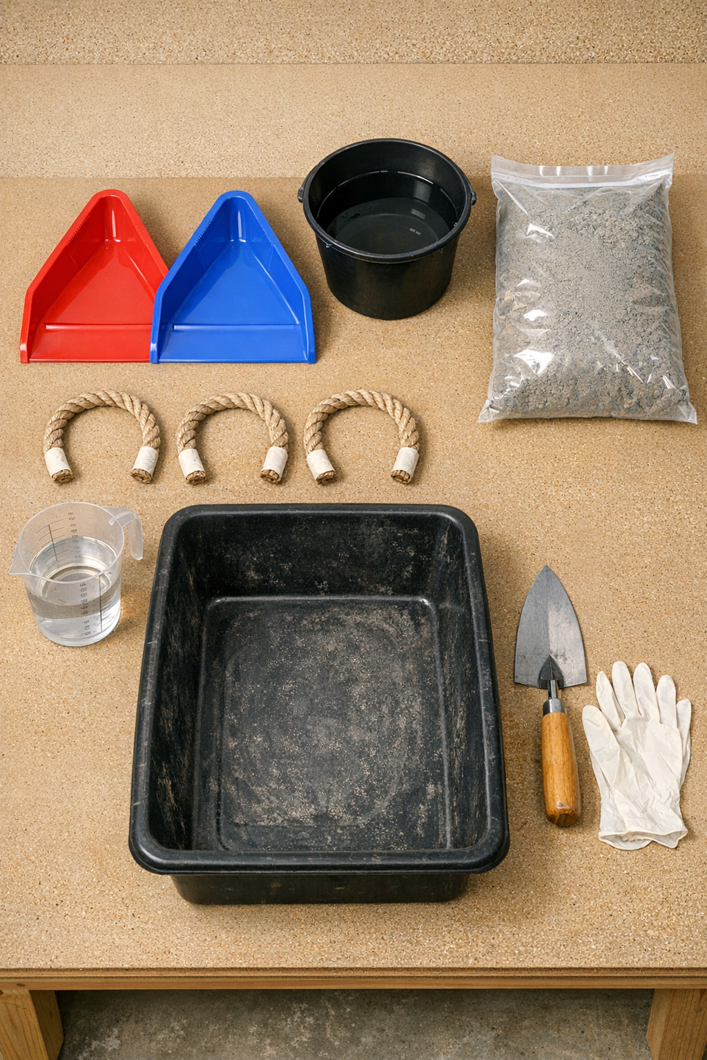 Materials laid out for making cement yard wedges in plastic dustpans