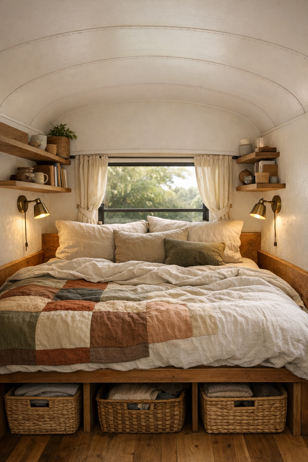 Cozy converted bus bedroom with built-in bed and soft linen bedding