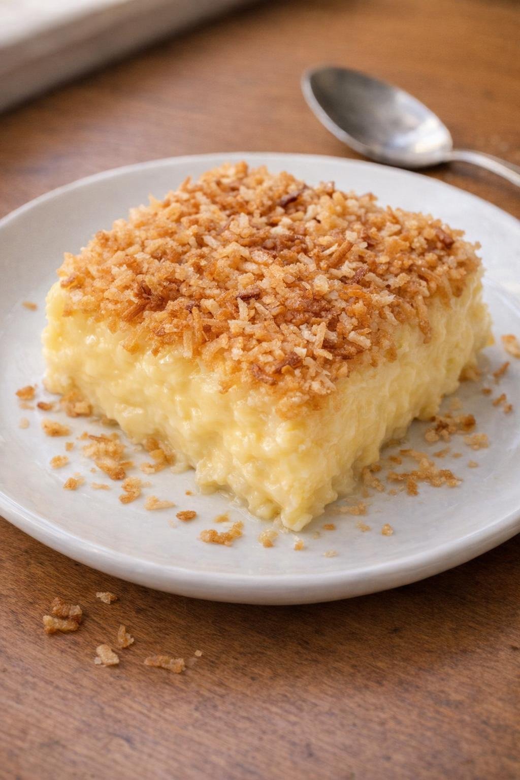 Kokosvla uit de slowcooker, geserveerd op een dessertbord.