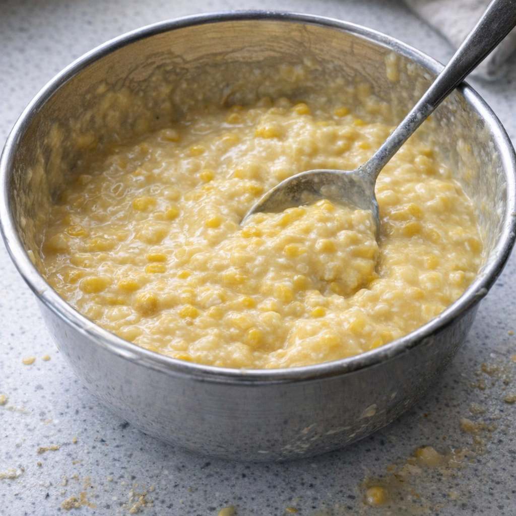 Creamed corn and soup mixture stirred together in a bowl