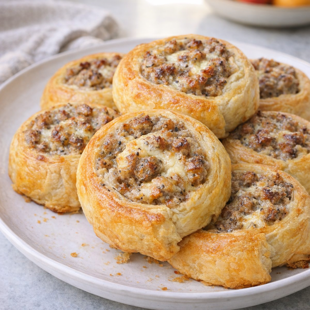 Plate of golden sausage pinwheels on a kitchen table