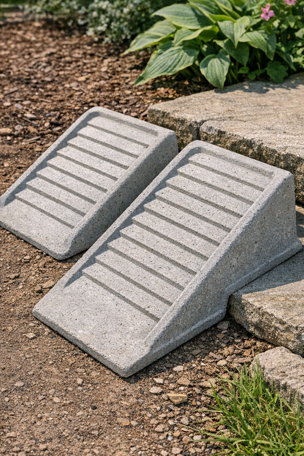 Finished heavy ridged concrete garden ramps made from paint trays
