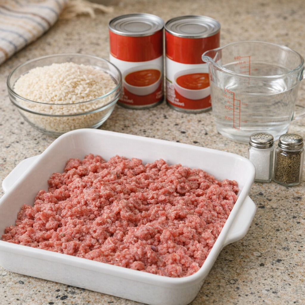 Ground beef, rice, and tomato soup ingredients on a kitchen counter