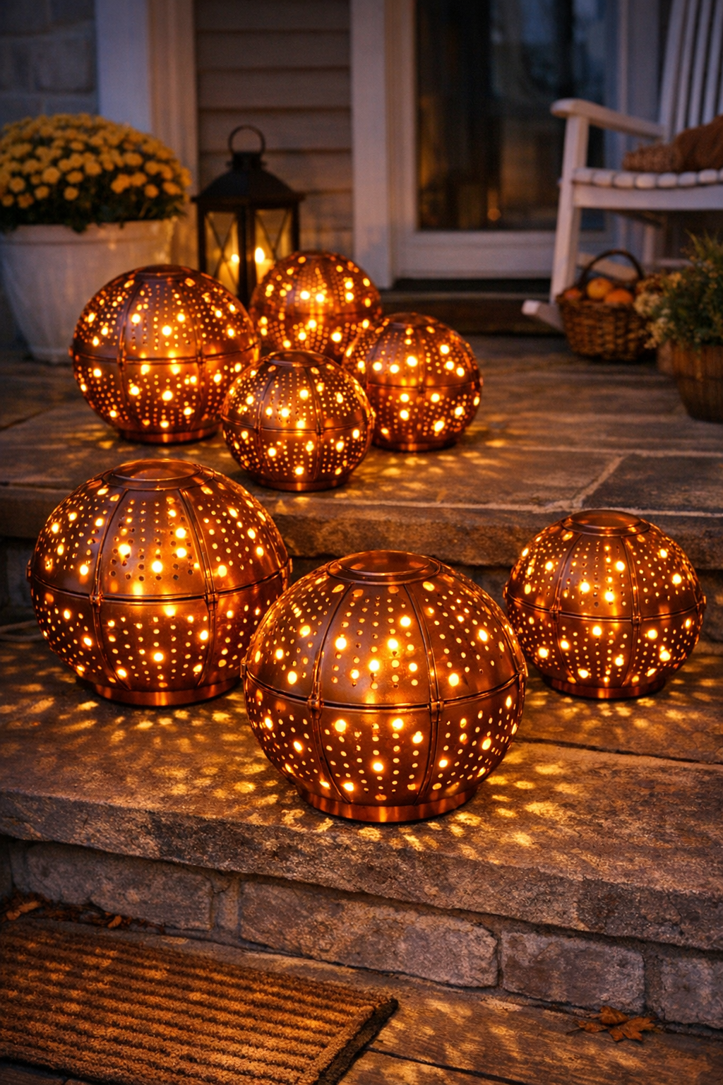 Finished glowing copper porch spheres lit with warm white LED string lights