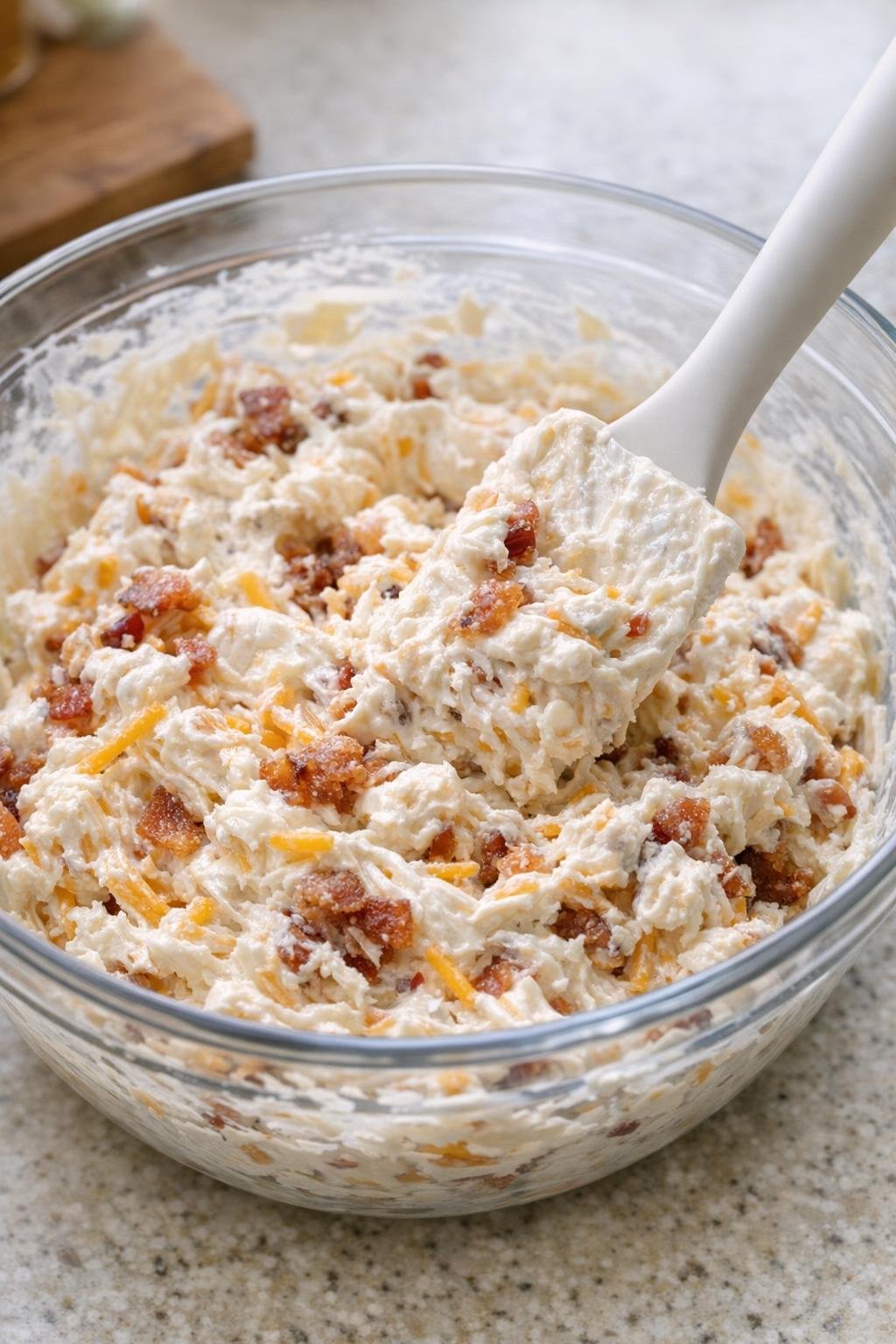 Creamy cheese mixture stirred in a bowl