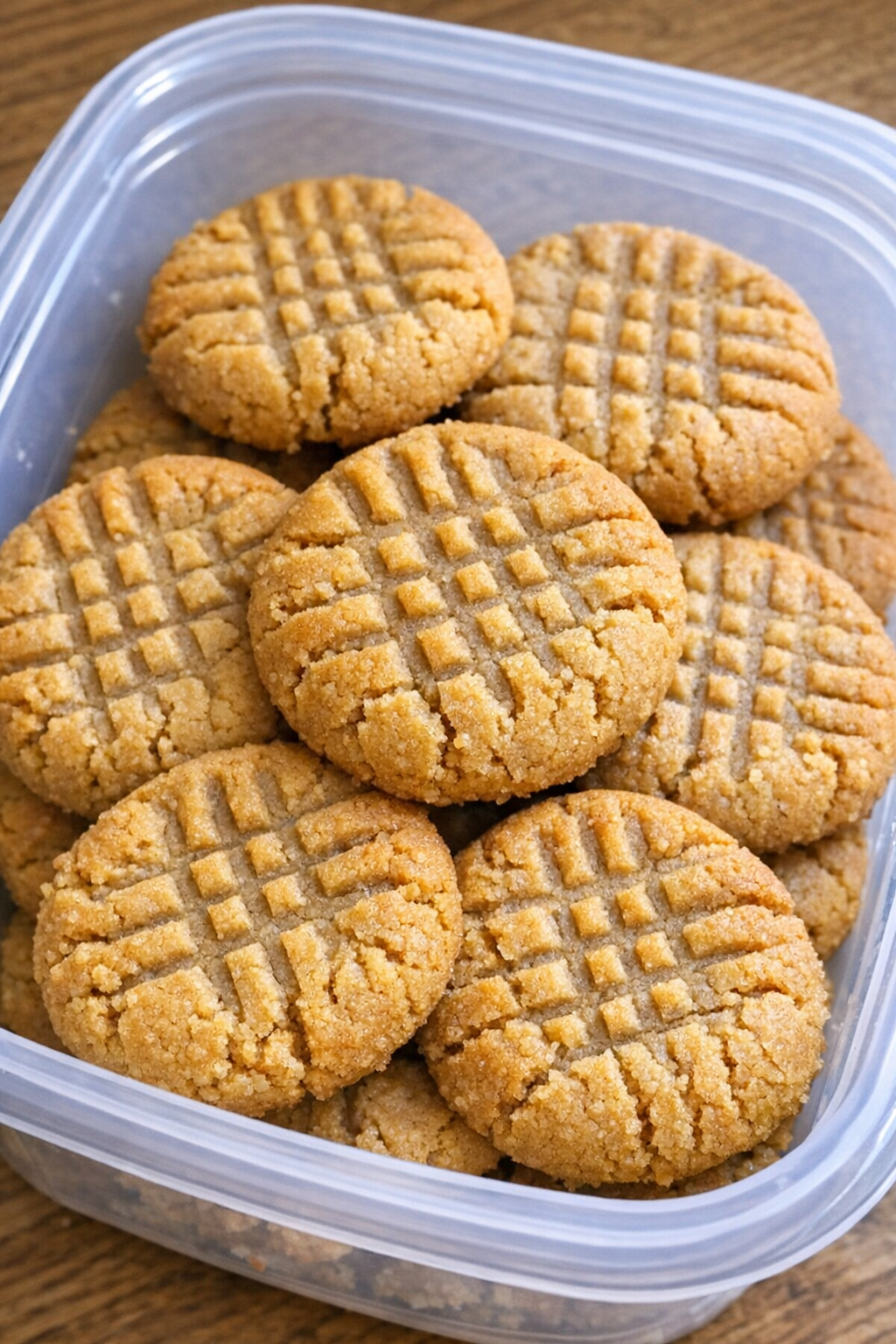 3-ingredient peanut butter cookies in a clear container