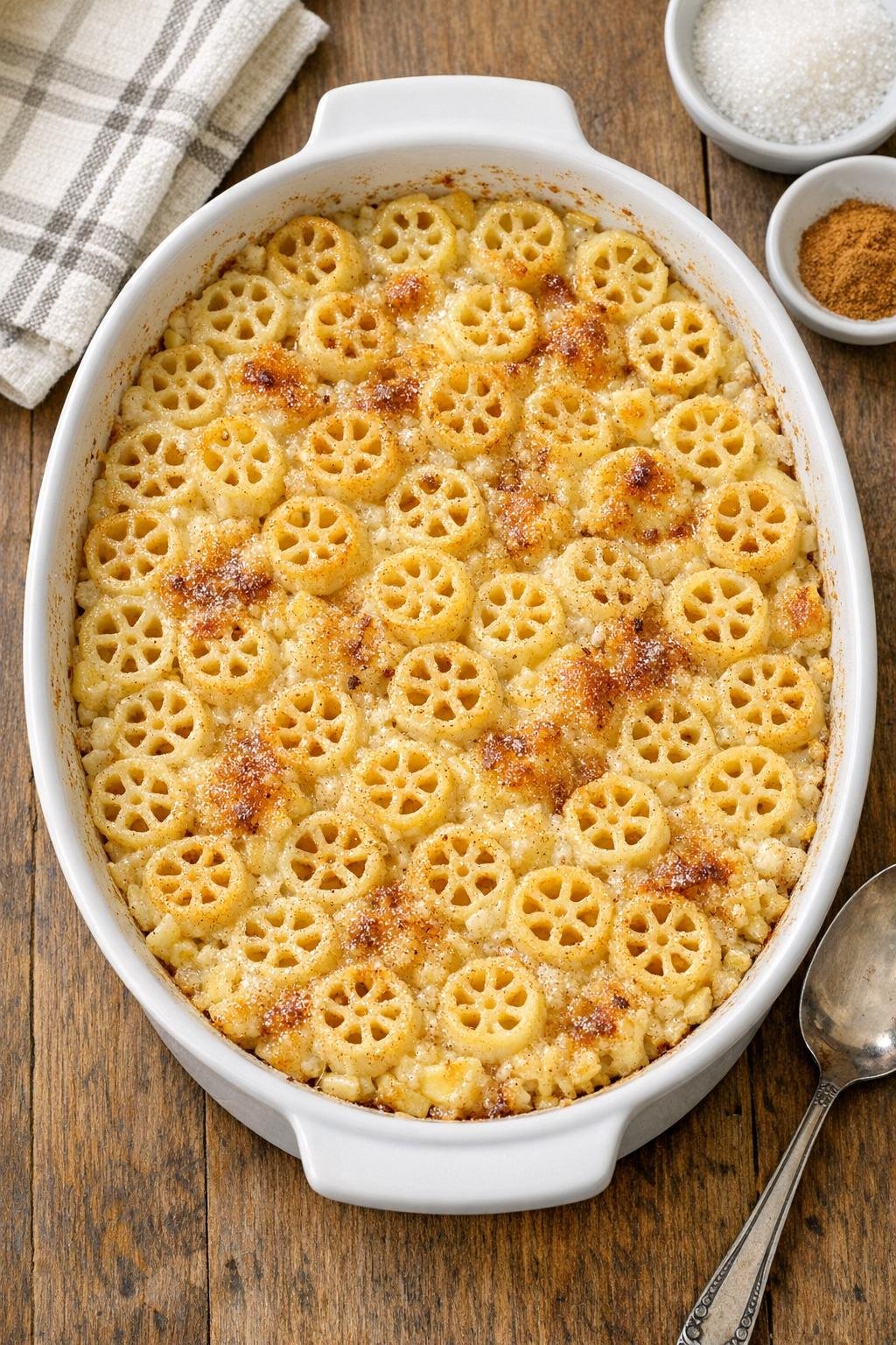 Finished baked rotelle dessert in a ceramic casserole dish