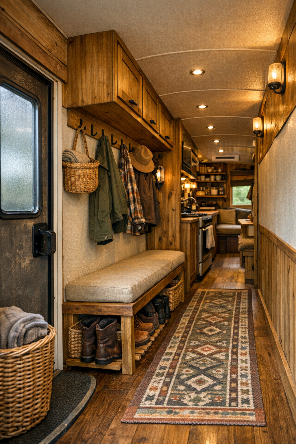 Bus entry and hallway with boot storage, wall hooks, a small bench, and rustic built-ins
