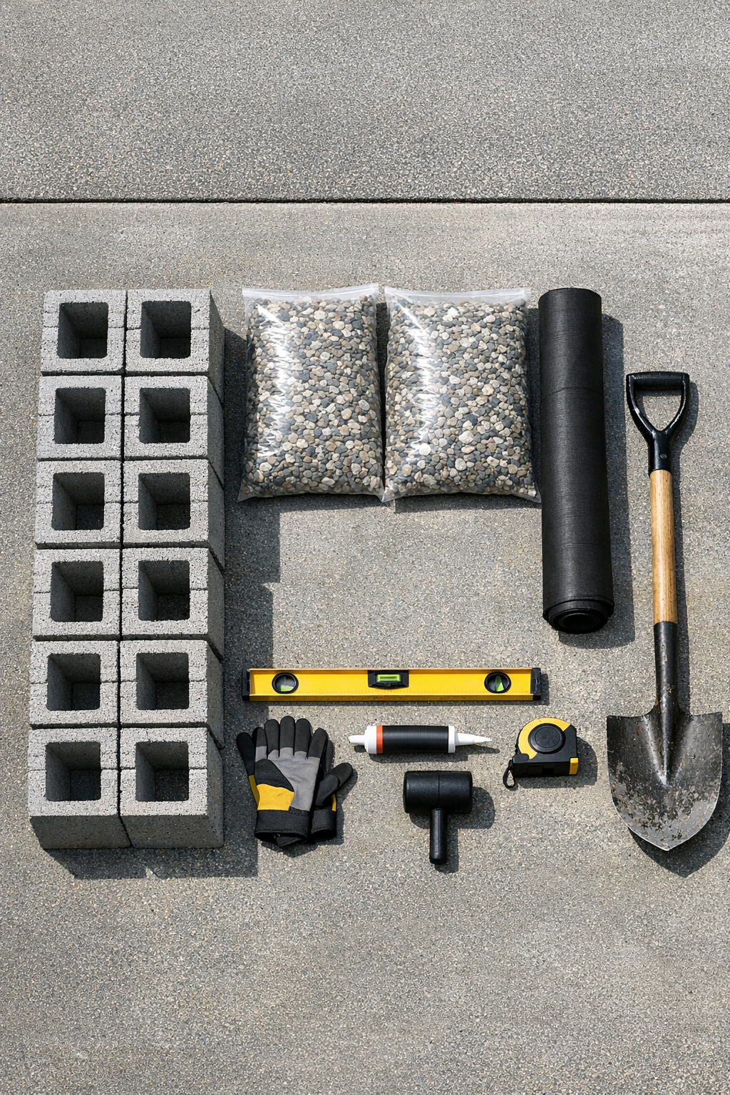 Cinder blocks, gravel, landscape fabric, and leveling tools laid out for the project