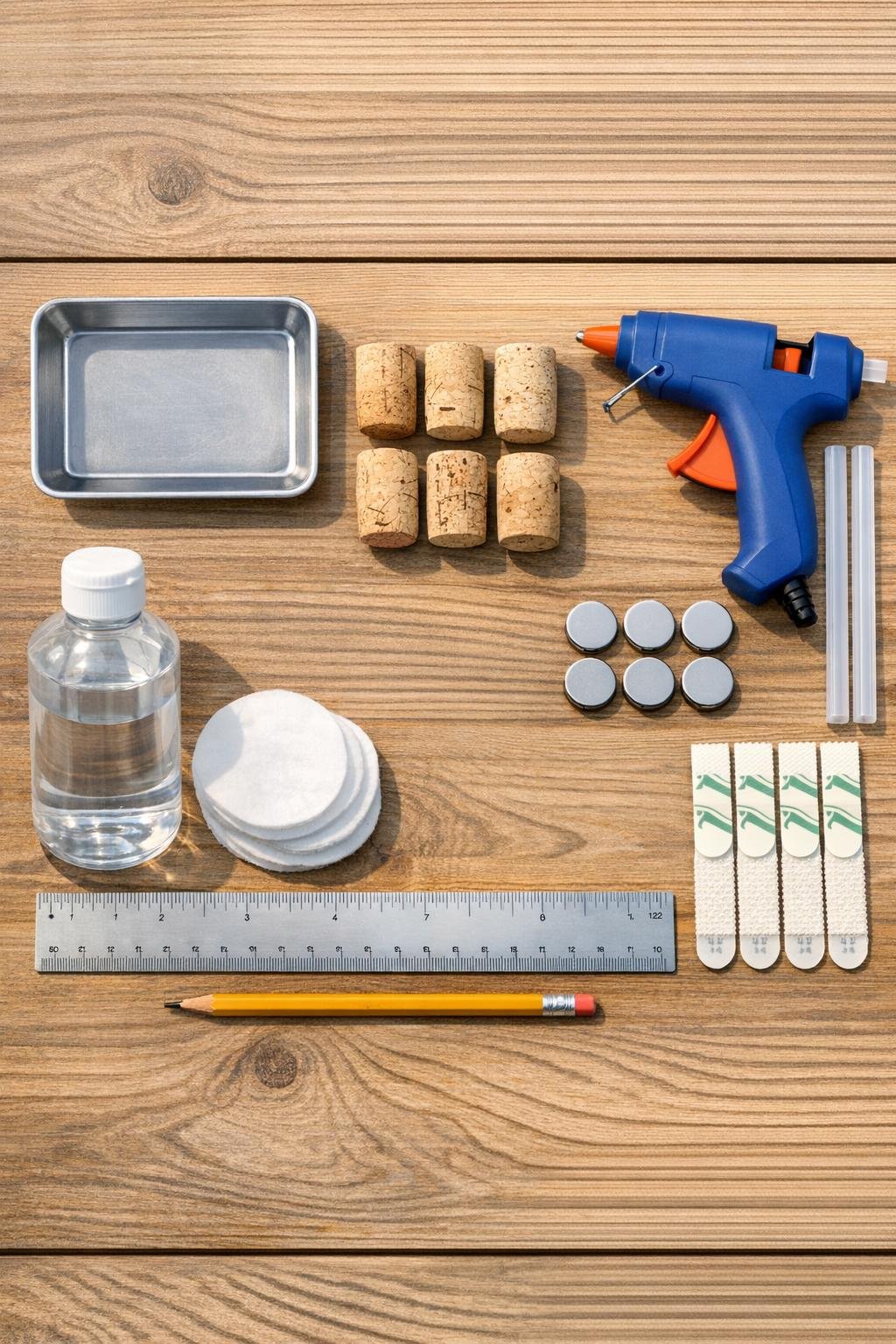 Materials for a wine cork magnetic key station laid out on a table
