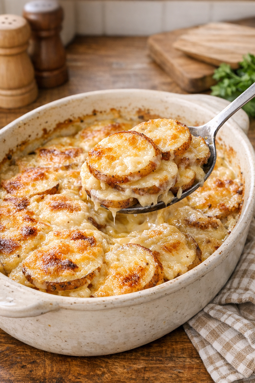 Finished Amish-style scalloped potatoes in a serving dish