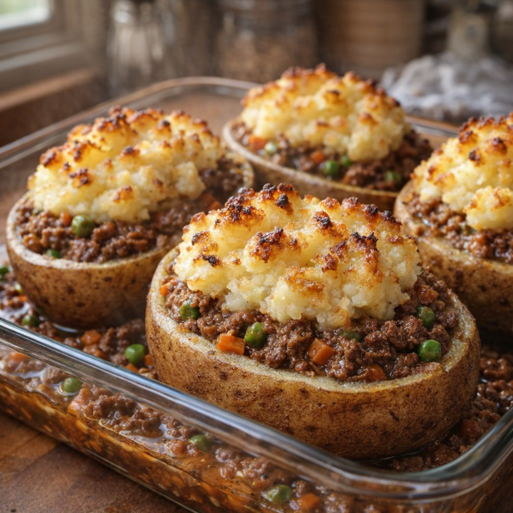Stuffed potato halves ready for the oven