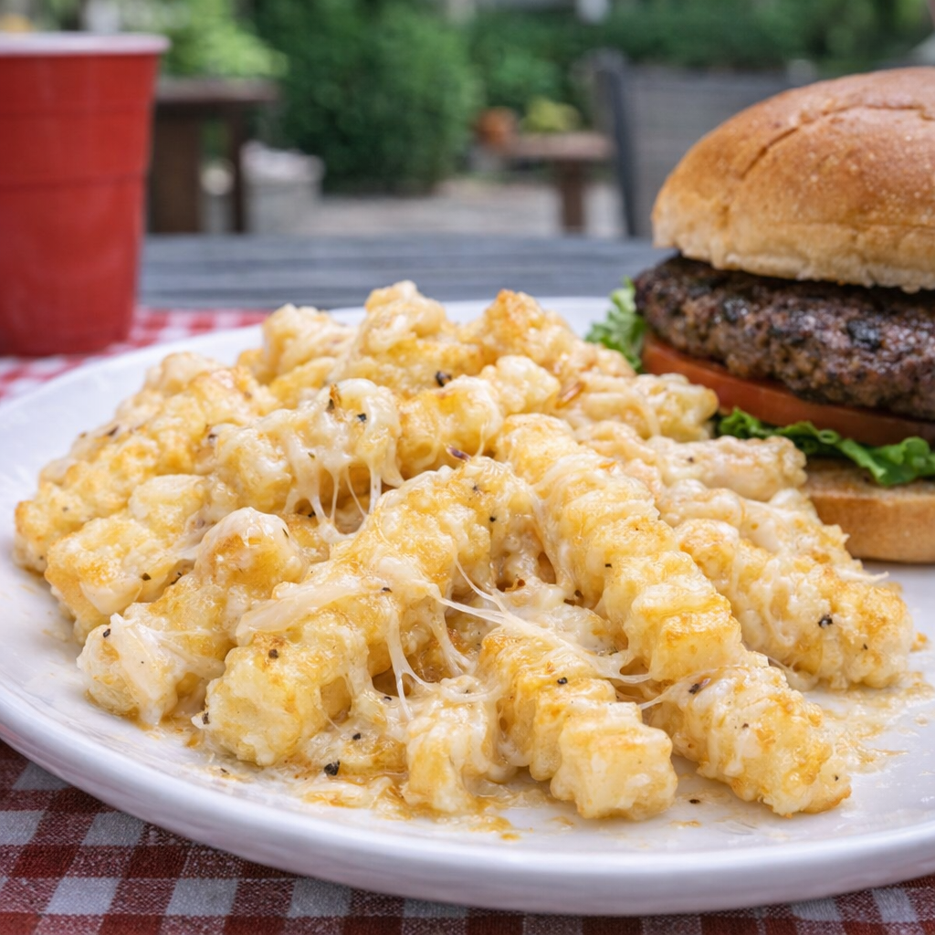 Cheesy fries plated with burger cookout meal