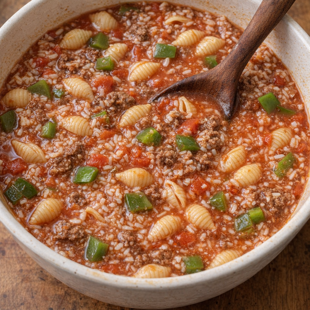 Soupy pasta and rice mixture in a large mixing bowl