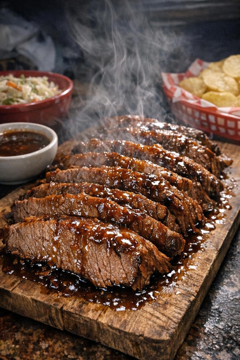 Finished plated thick-sliced tailgate roast with glossy brown glaze