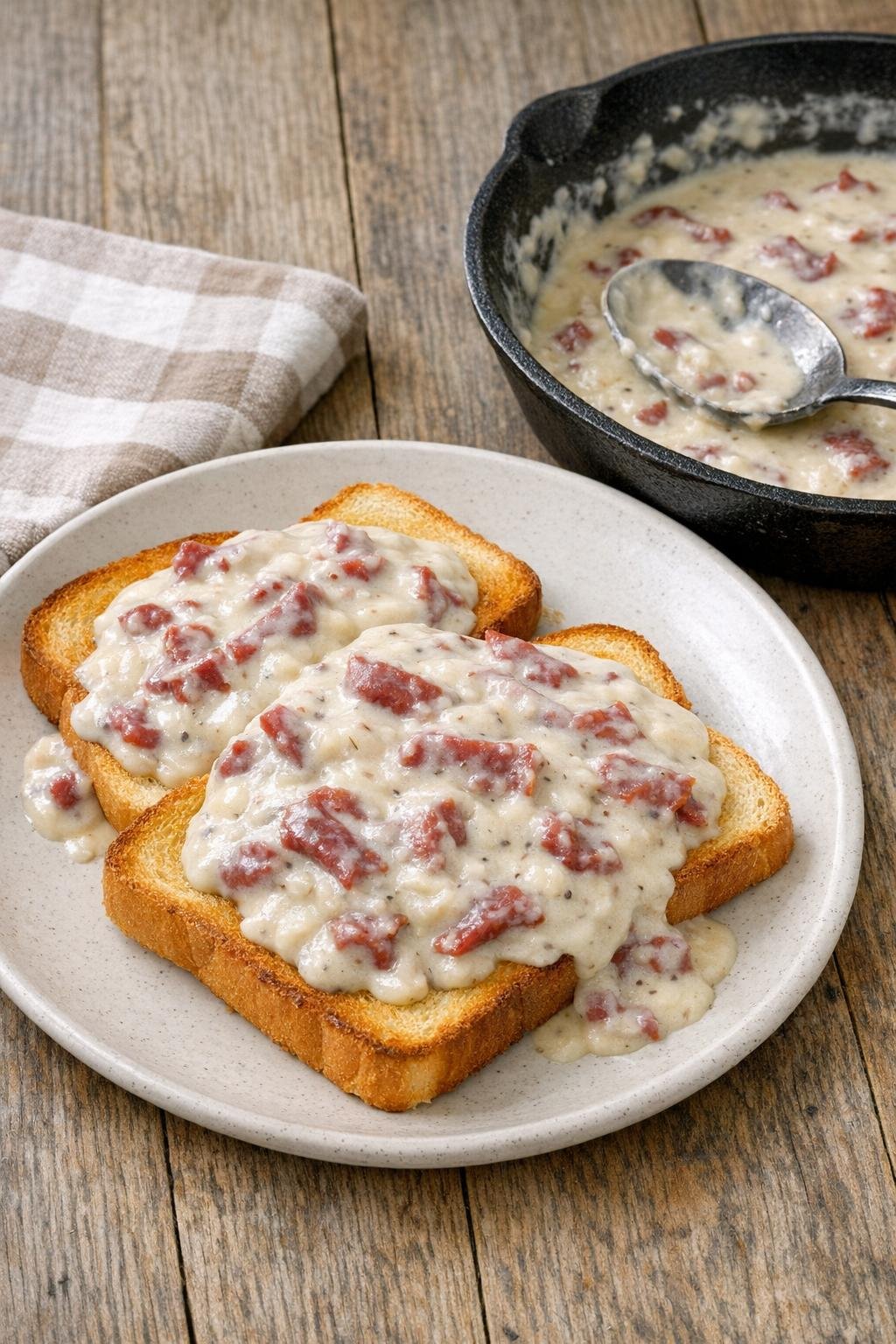 Finished chipped beef gravy served over toast on a plate