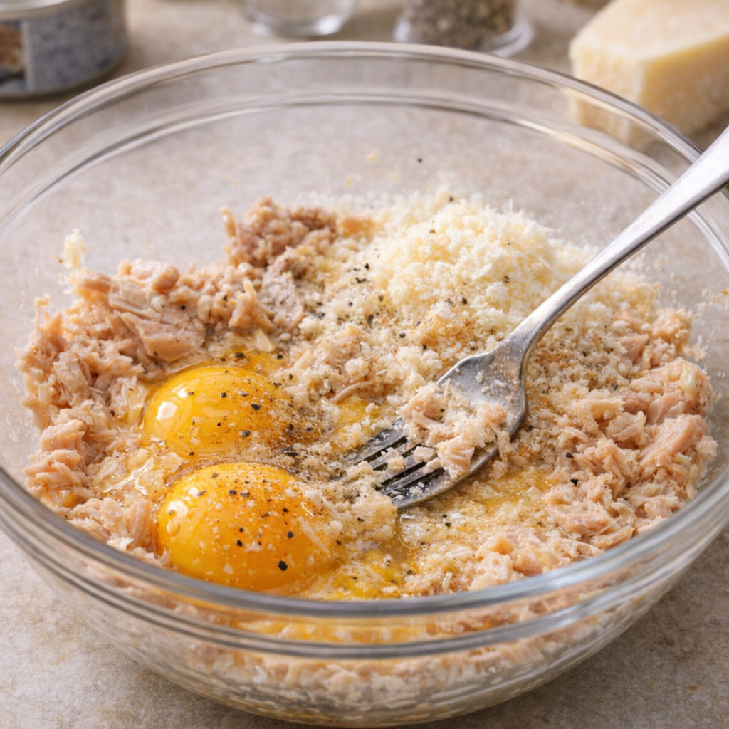 Mixing tuna patty ingredients in a bowl on a kitchen counter